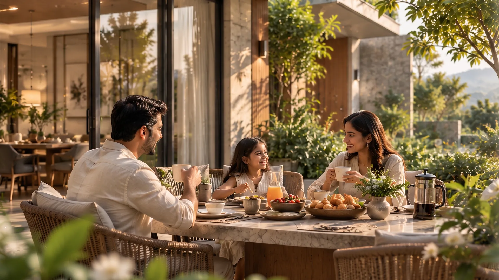 Family breakfast on a garden terrace
