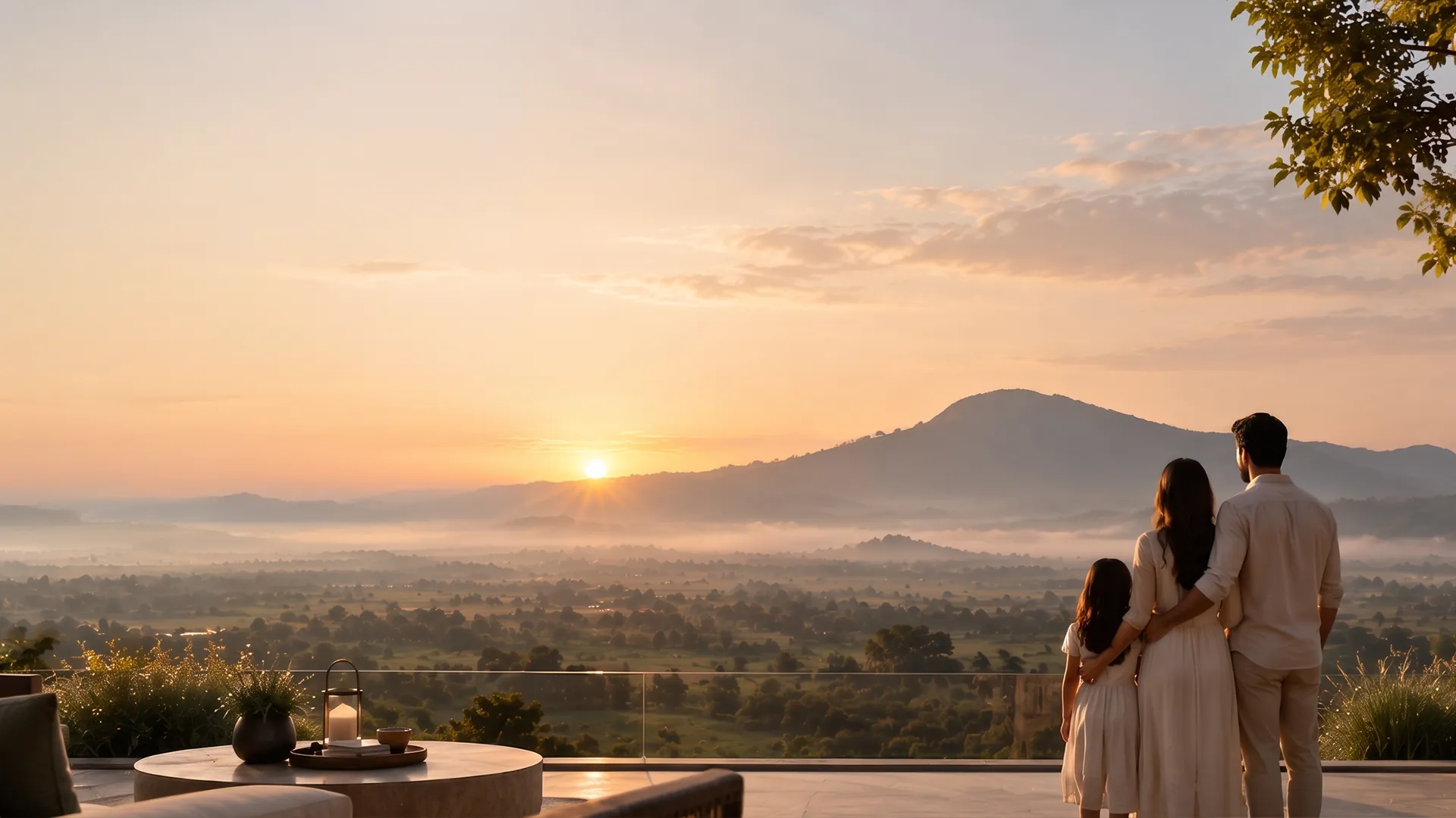 A family watching sunrise over Nandi Hills from a terrace