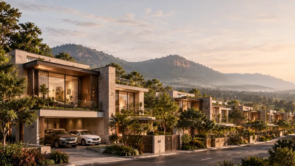 Tree-lined villa streets with the hills beyond