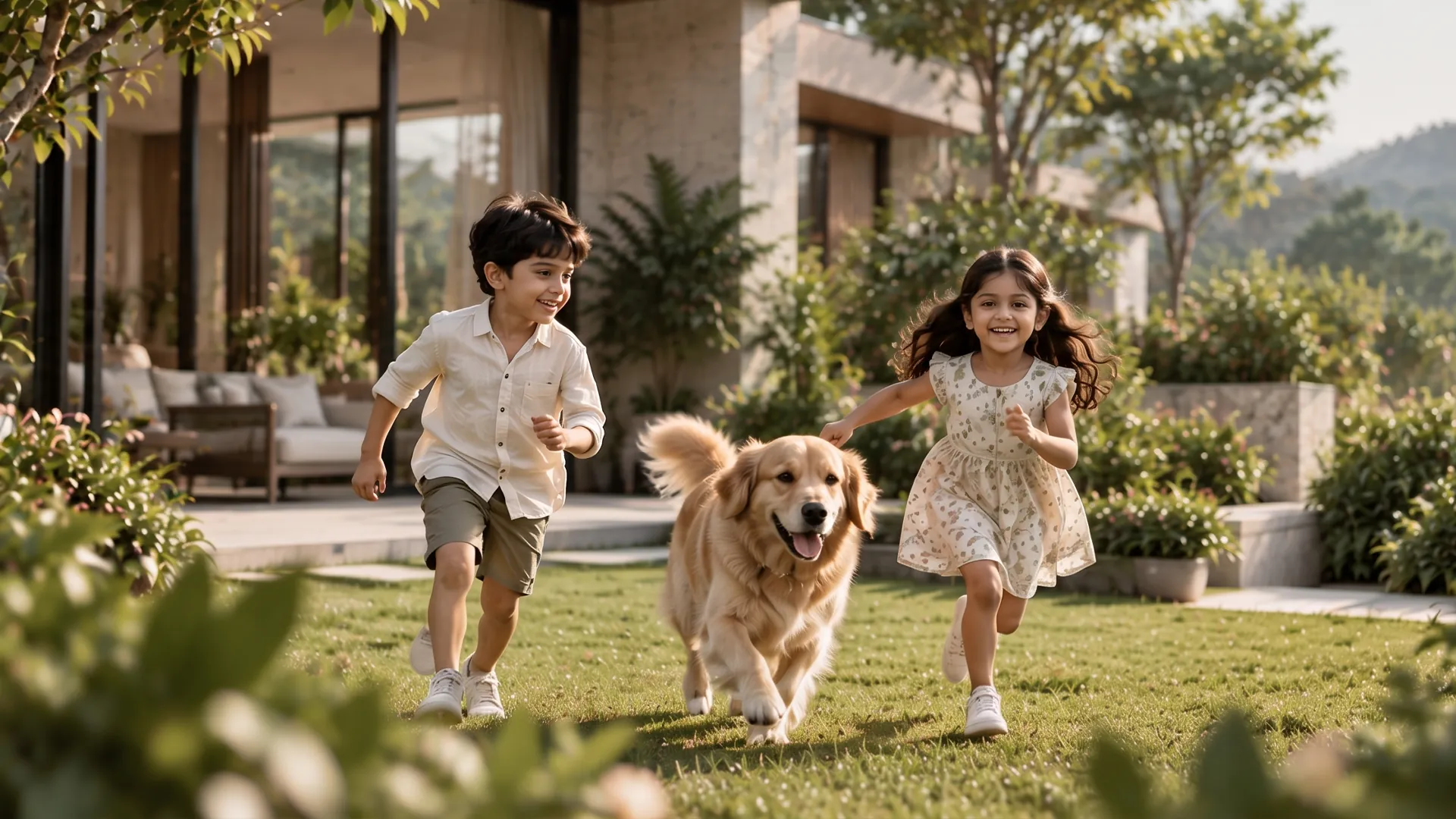 Children and a dog running across a villa lawn