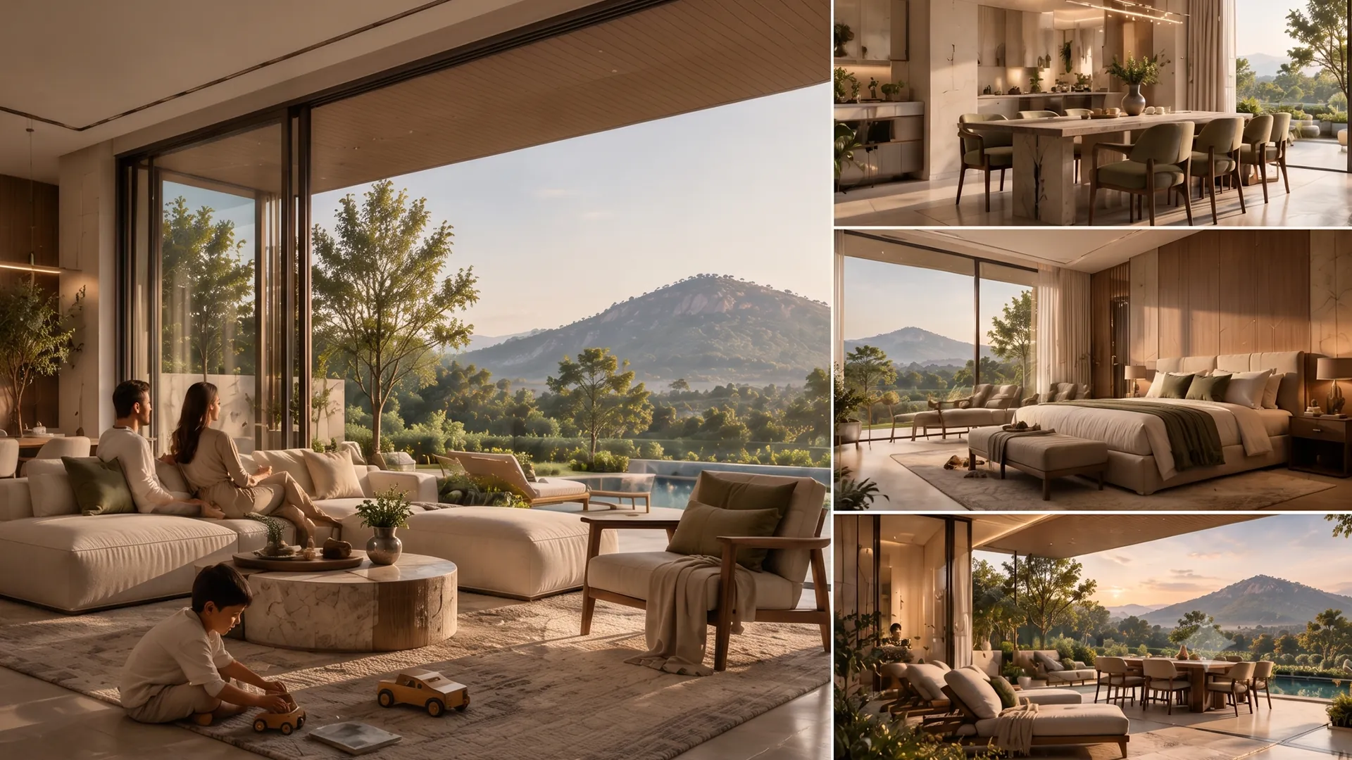 A light-filled living room opening to a pool deck and hill views