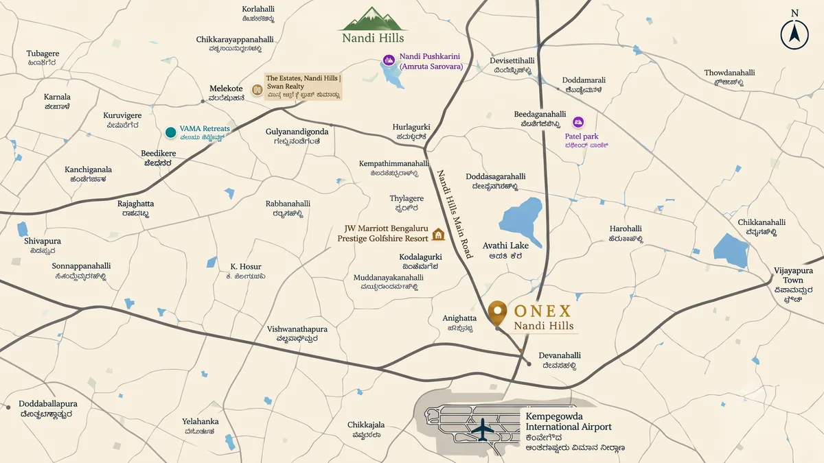 Location map of ONEX Nandi Hills between Nandi Hills and Kempegowda International Airport