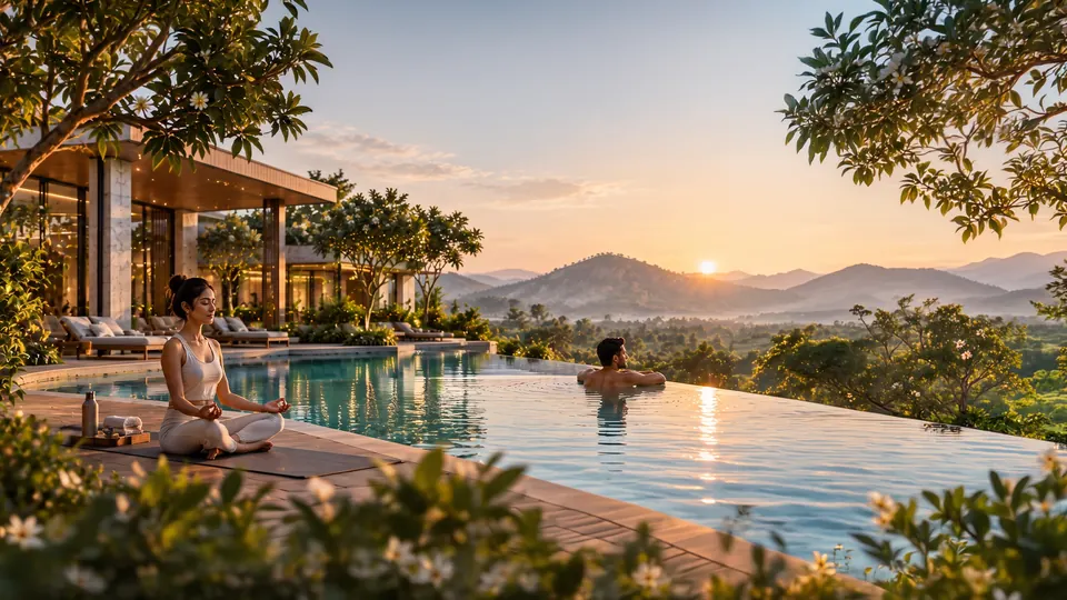 Infinity-edge pool facing the hills at sunrise