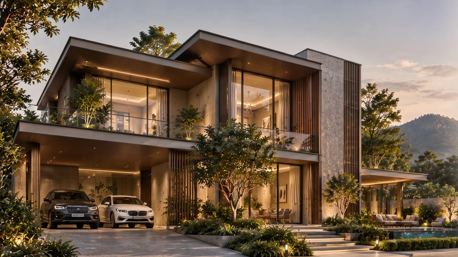 A contemporary ONEX Nandi Hills villa at dusk with landscaped forecourt
