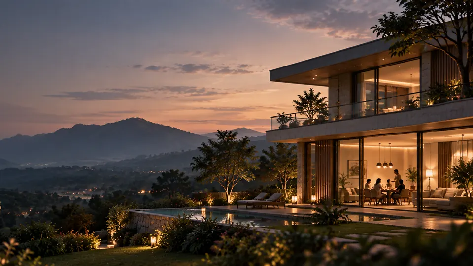Villa terrace and pool at twilight
